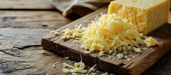Finely grated parmesan over wooden cutting board Whole and grated grana padano cheese and stainless steel grater closeup Italian hard cheese Delicious dairy product Front view. Copy space image - obrazy, fototapety, plakaty