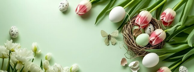 Spring Easter holiday cream color background with tulips, quail eggs and feathers in a nest - obrazy, fototapety, plakaty