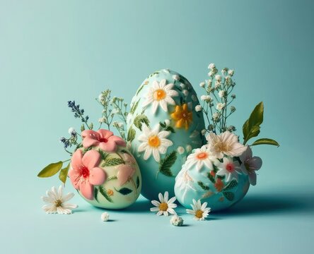 Decorated Easter eggs amid pastel flowers on a colorful background