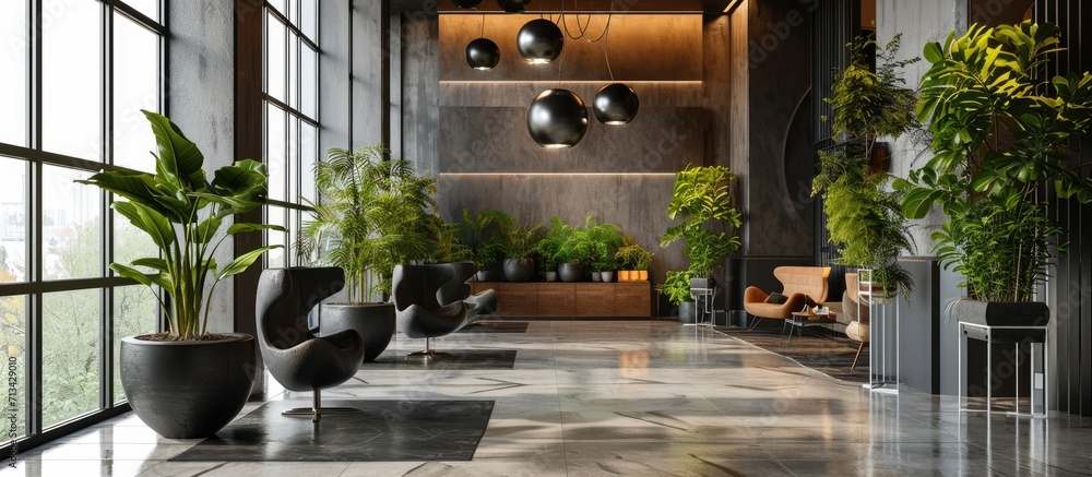 Poster rest area at the front desk of the modern office comfortable sofas and green plants. copy space imag
