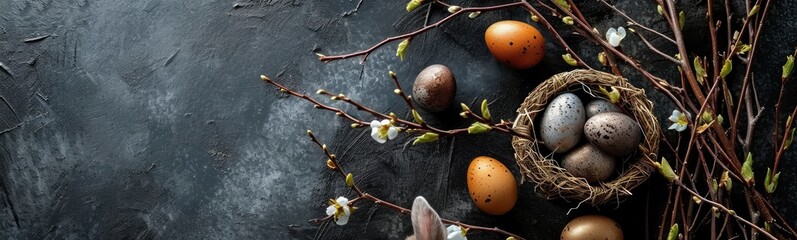 bunny and eggs nestled in branches on the concrete background top view - obrazy, fototapety, plakaty