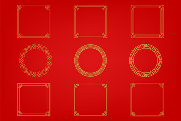 Chinese frame or border set on red background. traditional asian ornaments, golden oriental