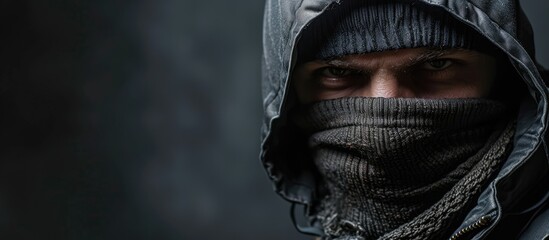 Criminal businessman wearing balaclava in office. Copy space image. Place for adding text - obrazy, fototapety, plakaty