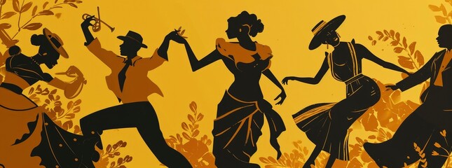 jazz dance in the 1920s isolated on golden background - obrazy, fototapety, plakaty