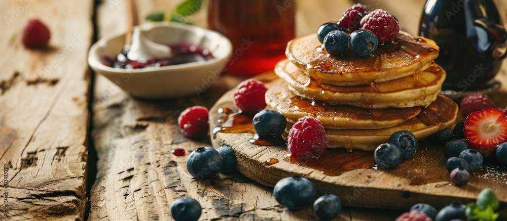 Poster homemade berry pancakes fresh summer dessert with blueberries on rustic wooden table close up select