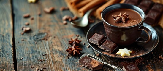 Delicious chocolate cake with hot cocoa in cup Sweet chocolate dessert. Copy space image. Place for...