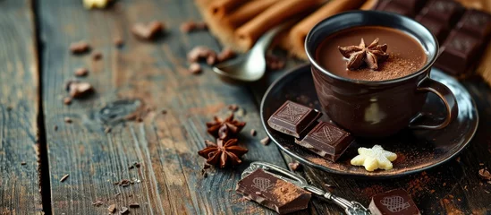  Delicious chocolate cake with hot cocoa in cup Sweet chocolate dessert. Copy space image. Place for adding text © Ilgun