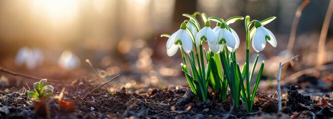 white snowdrop flowers bloom outdoors with sunlight in bokeh background