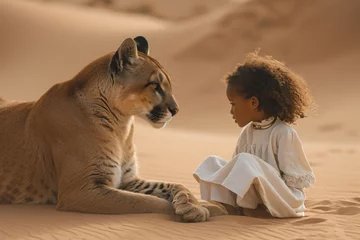 Tuinposter little black girl playing with a puma in the desert © Olga