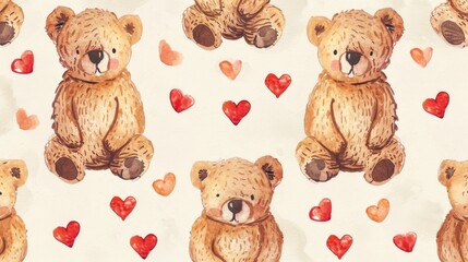 Playful Teddy Bears and Red Hearts in a Warm Watercolor Pattern for Valentine's Day Concept