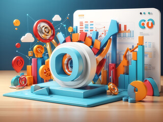 3D SEO optimization with browser for marketing social media concepts. Interface for web analytics strategy and research planning in the background. 3d graph SEO strategy vector icon 
