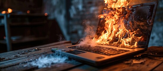 Burning laptop and keyboard equipment fire due to faulty battery and wiring Laptop Computer setting the world on fire Laptop burning in flames Fire hazard Losing valuable data Laptop Damage - obrazy, fototapety, plakaty