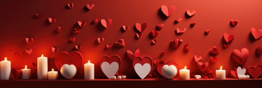 Glossy Red Elegance with Velvety Hearts Framing a White Card in a Valentine's Day Concept