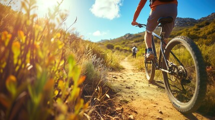 Mountain Biker on a Dusty Trail with Sun Flare in a Picturesque Landscape - obrazy, fototapety, plakaty