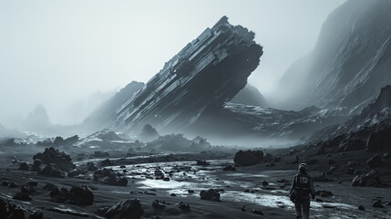 alien black sand landscape, foreground giant Sulphide minerals, spaceship, Nordic rocky black...