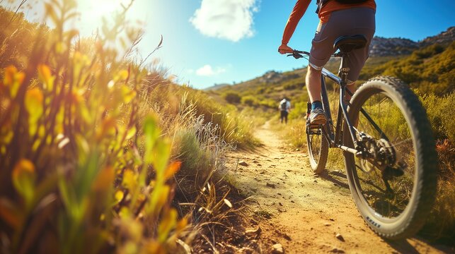 Mountain Biker on a Dusty Trail with Sun Flare in a Picturesque Landscape
