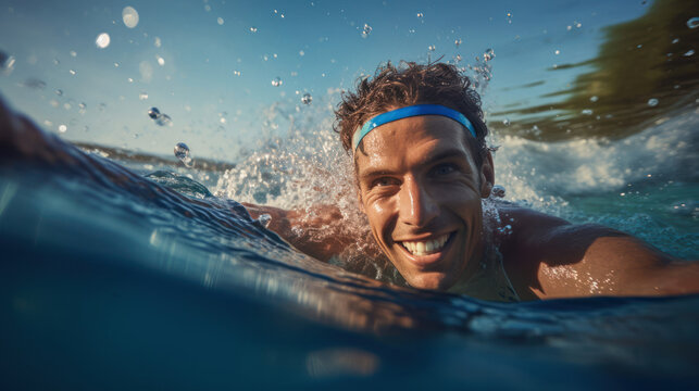 A triathlete emerging from a challenging swim with a look of determination and a radiant smile