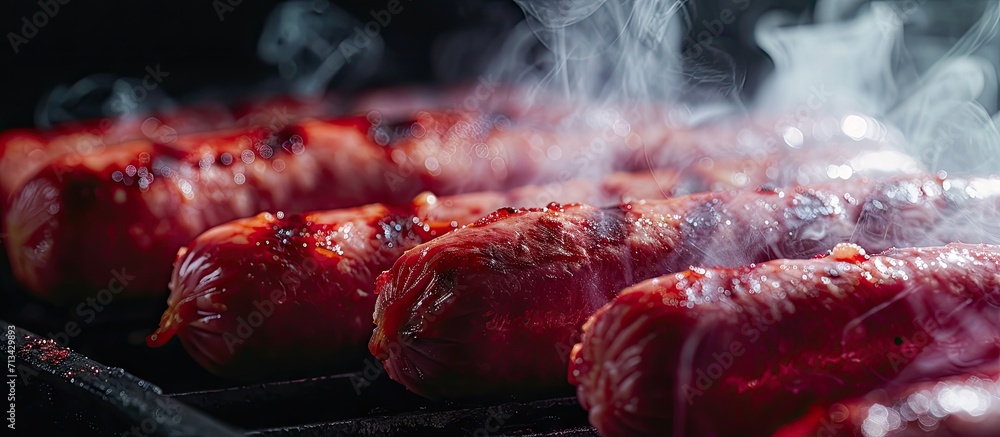 Poster pink sausages are fried on a grill pan the sausages are arranged in a row the sausages are steaming 