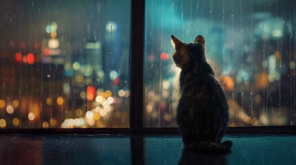 Cat looking out of a window onto a cityscape in the rain