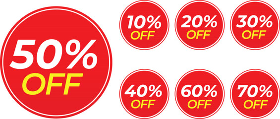Different percent discount sticker discount price tag set. Red round shape with sell off up to 10, 20, 30, 40, 50, 60, 70 percentage vector illustration isolated on white.