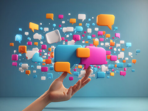 3d social media communication concept image. Human hand holding speech bubble, the metaphor of online chatting design.