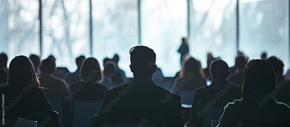 Poster speaker at business workshop and presentation audience at the conference room. copy space image. pla