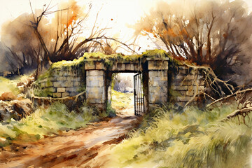 Stone gate with open wicket stands in middle of nature. Path runs through it. Path into unknown that connects past and future. Illustration, watercolor