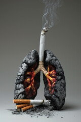 No Smoking Day, detrimental impact of cigarettes on the lungs and the human body. Cigarette interacts with a human body, highlighting the distress it causes to the lungs - obrazy, fototapety, plakaty