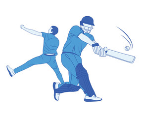 Cricket players design elements. Line drawing style vector illustration.