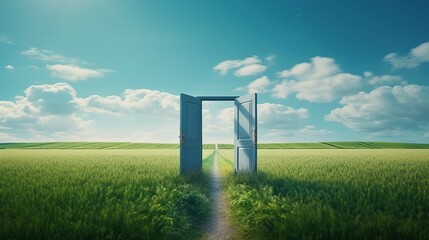 Opened Door on Long Path on Green Field. New, Journey, Adventure, Start, Begin, Life, Change
