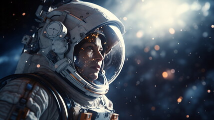 Portrait of an astronaut in a helmet close-up, sci-fi atmosphere. Male cosmonaut