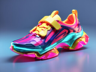 3D style of Colorful Neon Futuristic Metaverse Fashion Sneaker Shoes Product. 3D rendering