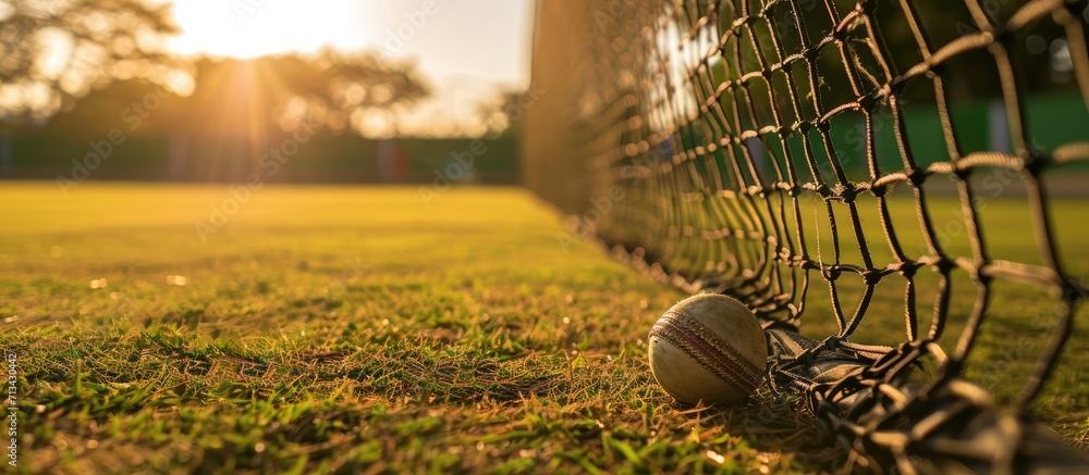 Poster a close up view of a grass practice cricket nets. copy space image. place for adding text