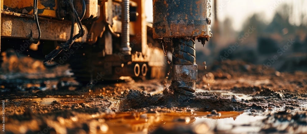 Poster ground water hole drilling machine selective focus. copy space image. place for adding text