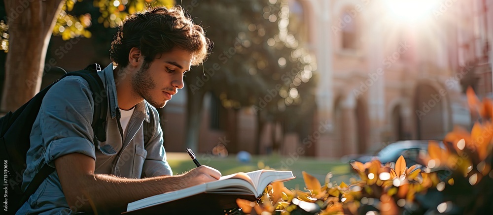 Poster study writing and thinking with man in library for education research and classroom quiz focus learn