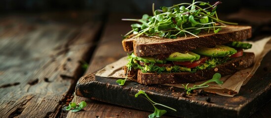 healthy rye sandwich with avocado cucumber alfalfa sprouts. Copy space image. Place for adding text - obrazy, fototapety, plakaty
