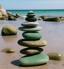 A stack of rocks sitting on top of a sandy beach, everything is in balance, sculpture made of piled stones