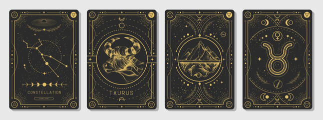 Set of Modern magic witchcraft cards with astrology Taurus zodiac sign characteristic. Vector illustration