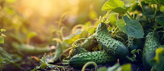 Two cucumbers ripen on a bed in the sun. Copy space image. Place for adding text