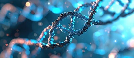 Genetics and microbiology concept DNA molecules on blue background 3D rendered illustration. Copy space image. Place for adding text
