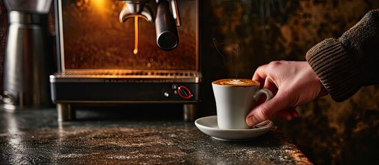 Man hand with coffee vending coffee machine. Copy space image. Place for adding text