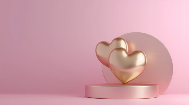 romantic valentines day background. gold hearts and balloons on pink background. abstract. 3d background. wallpaper.