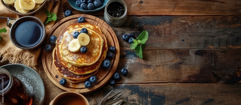 Poster homemade pancakes with syrup and berries morning and breakfast pancakes with banana and blueberries.