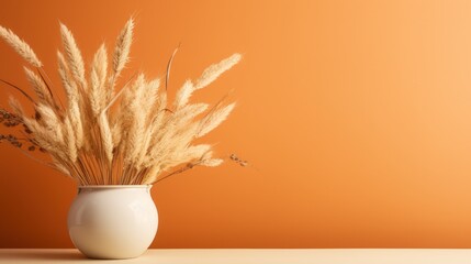 Minimalist aesthetic wooden table with vase and meadow flower bouquet, empty background with copy space. Generative AI.