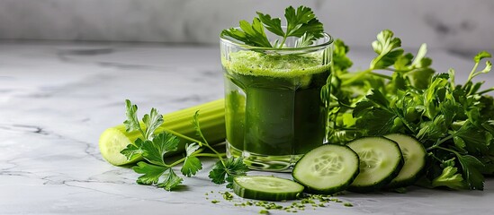 Obraz premium fresh green juice from celery cucumbers and parsley. Copy space image. Place for adding text
