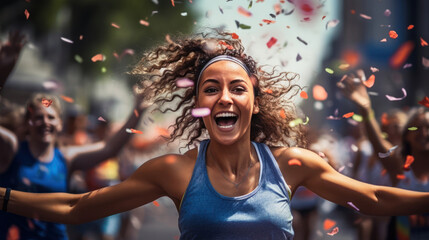 Marathon runners being showered with confetti at the finish line,  their smiles filled with surprise and joy