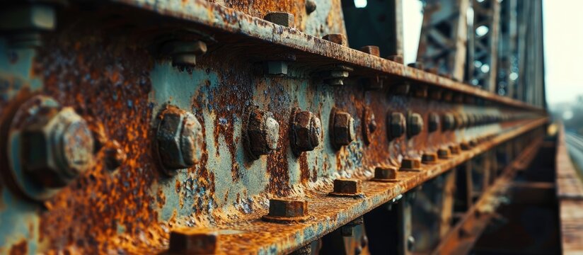 Bottom up view of beams girders and bolts of metal bridge Riveted metal beam superstructure Rusty metal structures of bridge. Copy space image. Place for adding text - Powered by Adobe