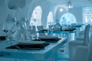 Ice hotel Ice restaurant ambiance with transparent dining sets and ambient light