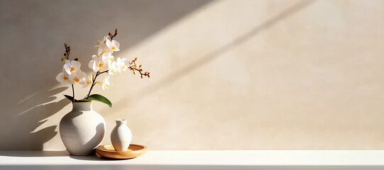 Banner. Beautiful blooming orchid in vase with mockup and small vase on wooden podium. Beige background with copy space for your design