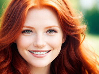 Fototapeta premium Closeup portrait of beautiful young woman with red hair and green eyes